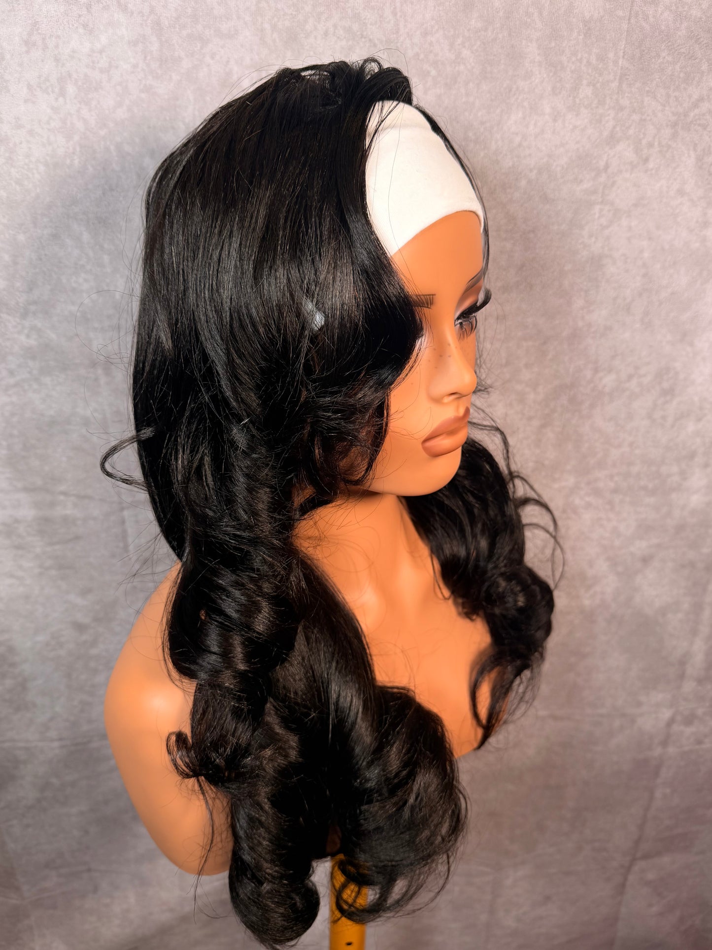 Unit #010 24” Straight half Wig Natural Black Styled in Soft Curls