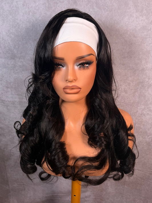 Unit #010 24” Straight half Wig Natural Black Styled in Soft Curls